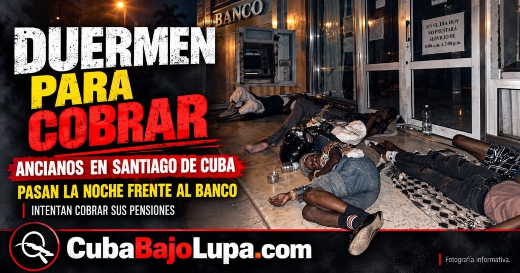 ANCIANOS DUERMEN FRENTE A UN BANCO EN SANTIAGO DE CUBA PARA INTENTAR COBRAR SUS PENSIONES