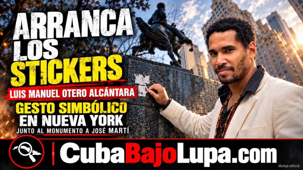 LUIS MANUEL OTERO ALCÁNTARA ARRANCA PEGATINAS SOBRE FIDEL CASTRO DE LA BASE DEL MONUMENTO A JOSÉ MARTÍ EN NUEVA YORK