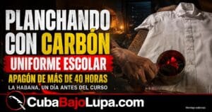 MADRE CUBANA USA UN JARRÓN CON CARBÓN PARA PLANCHAR EL UNIFORME ESCOLAR DE SU HIJO EN MEDIO DE LOS APAGONES EN LA HABANA